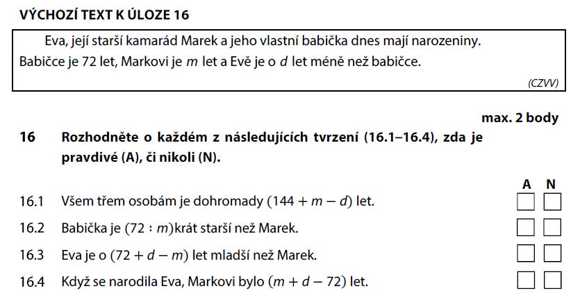 Didaktický test z matematiky - podzim 2017 - zadání úlohy 16